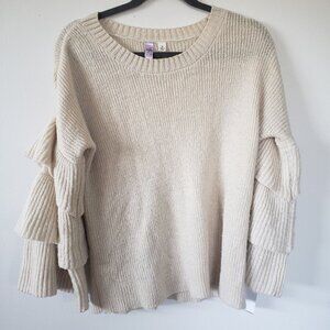 Alya Fuzzy Sweater M Tiered Poofy Sleeves Beige Boho Romantic Loose Fit
